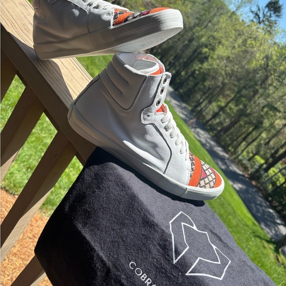 White and Orange High-Top Sneakers with Sporty Design - Picture 1 of 5